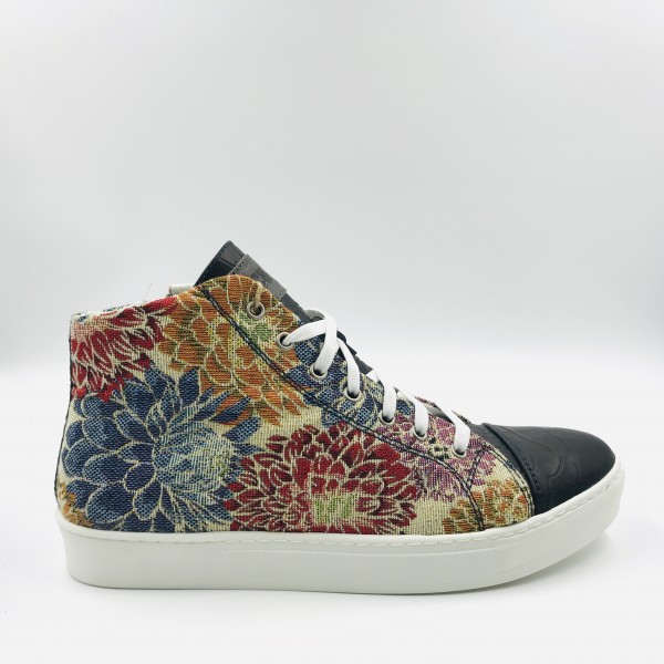 Handmade shoes White and multi color Flower Gobelin and Blue Coco Leather